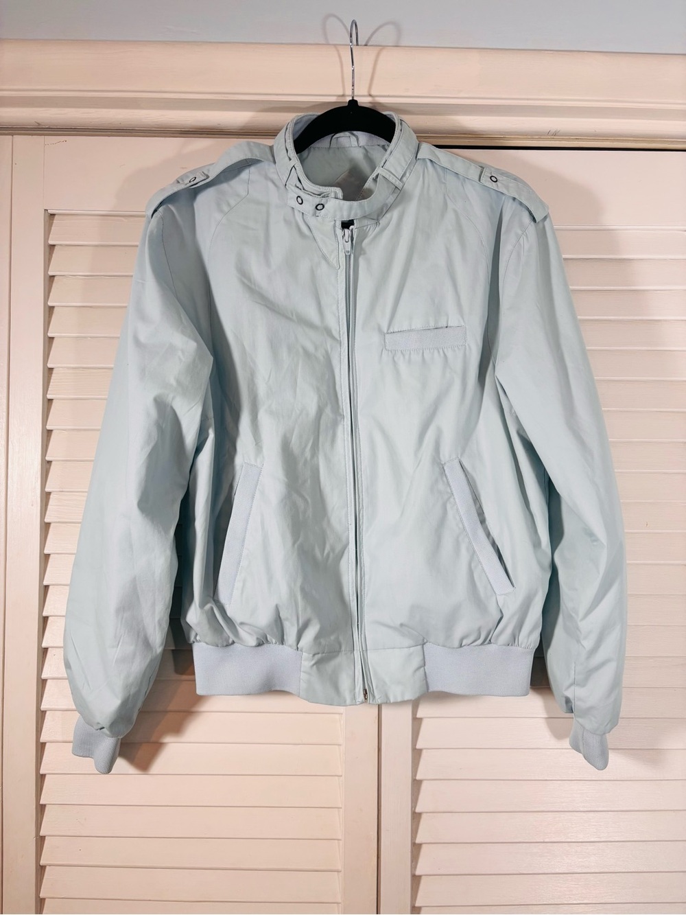 Vintage 80s Peter England Racer Bomber Jacket Mens Medium Powder Blue